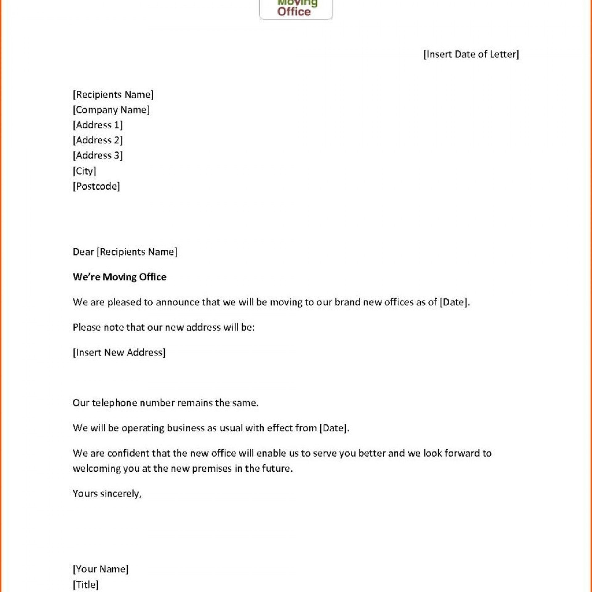 Letter Template For Change Of Address Notification New Sample To pertaining to Business Change Of Address Template