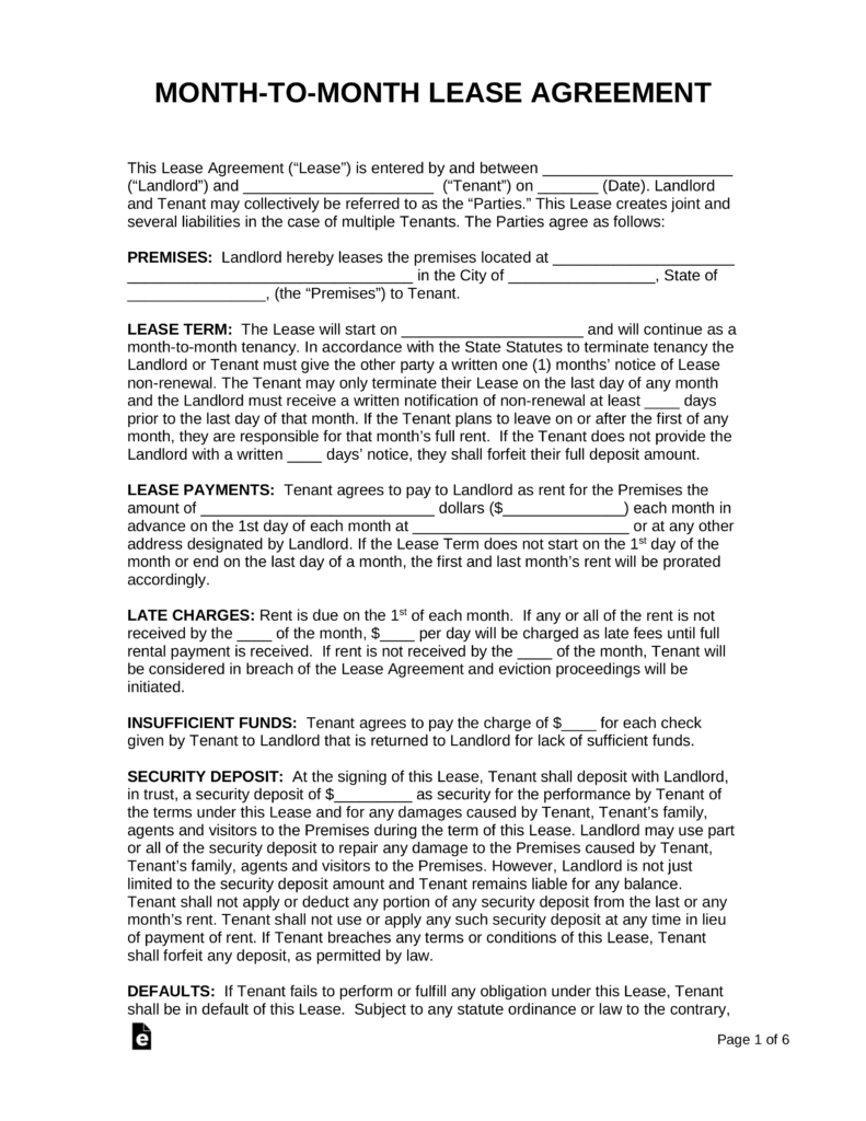 Monthtomonth Lease Agreement Templates  Eforms – Free Fillable Forms for Multiple Tenant Lease Agreement Template