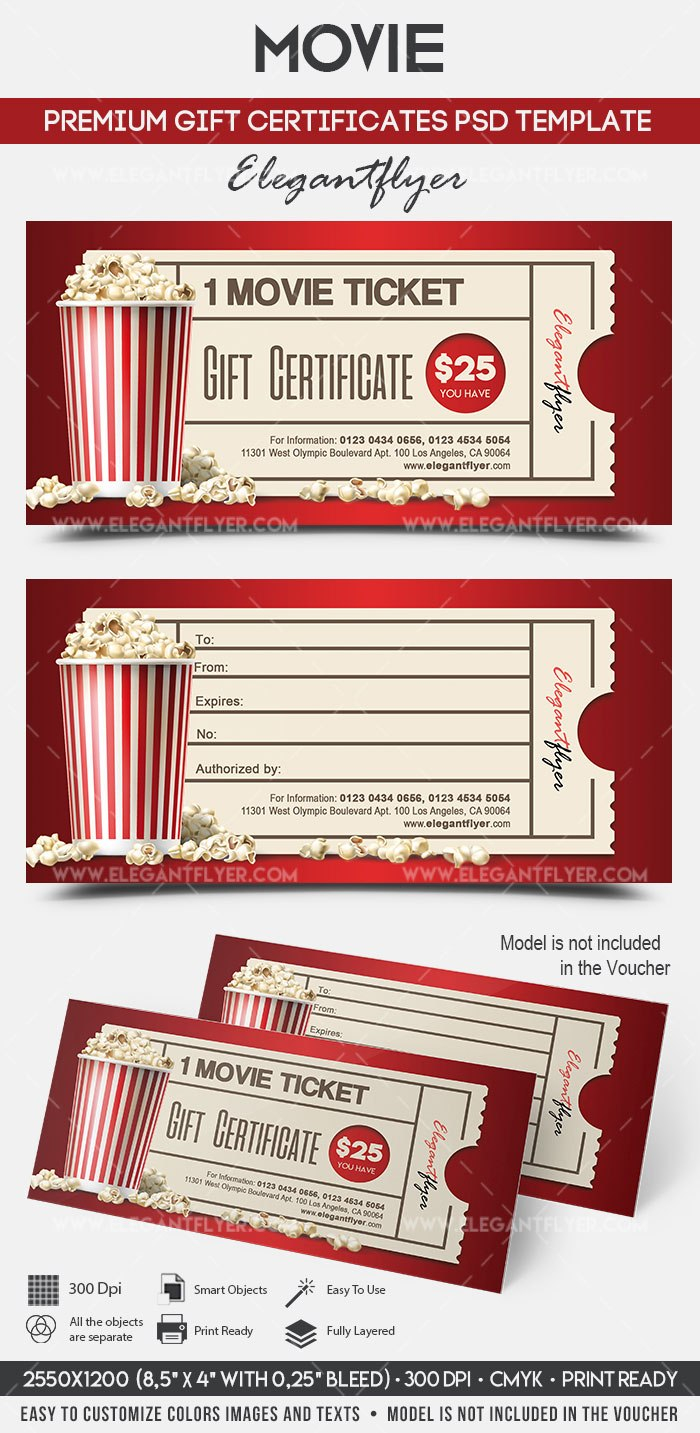 Movie Gift Certificate Psd Printable –Elegantflyer inside Movie Gift Certificate Template