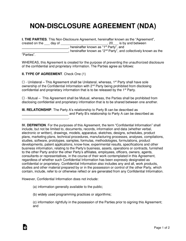 Nondisclosure Nda Agreement Templates  Eforms – Free Fillable Forms for Free Mutual Non Disclosure Agreement Template