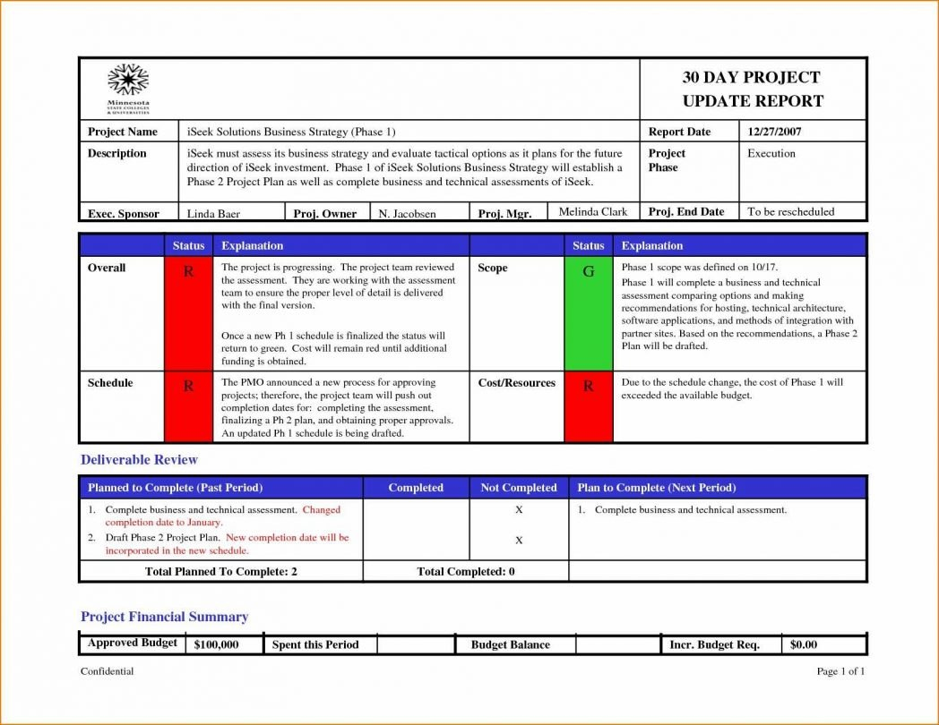 One Page Project Status Report Template Excel With Format Of Update intended for One Page Status Report Template