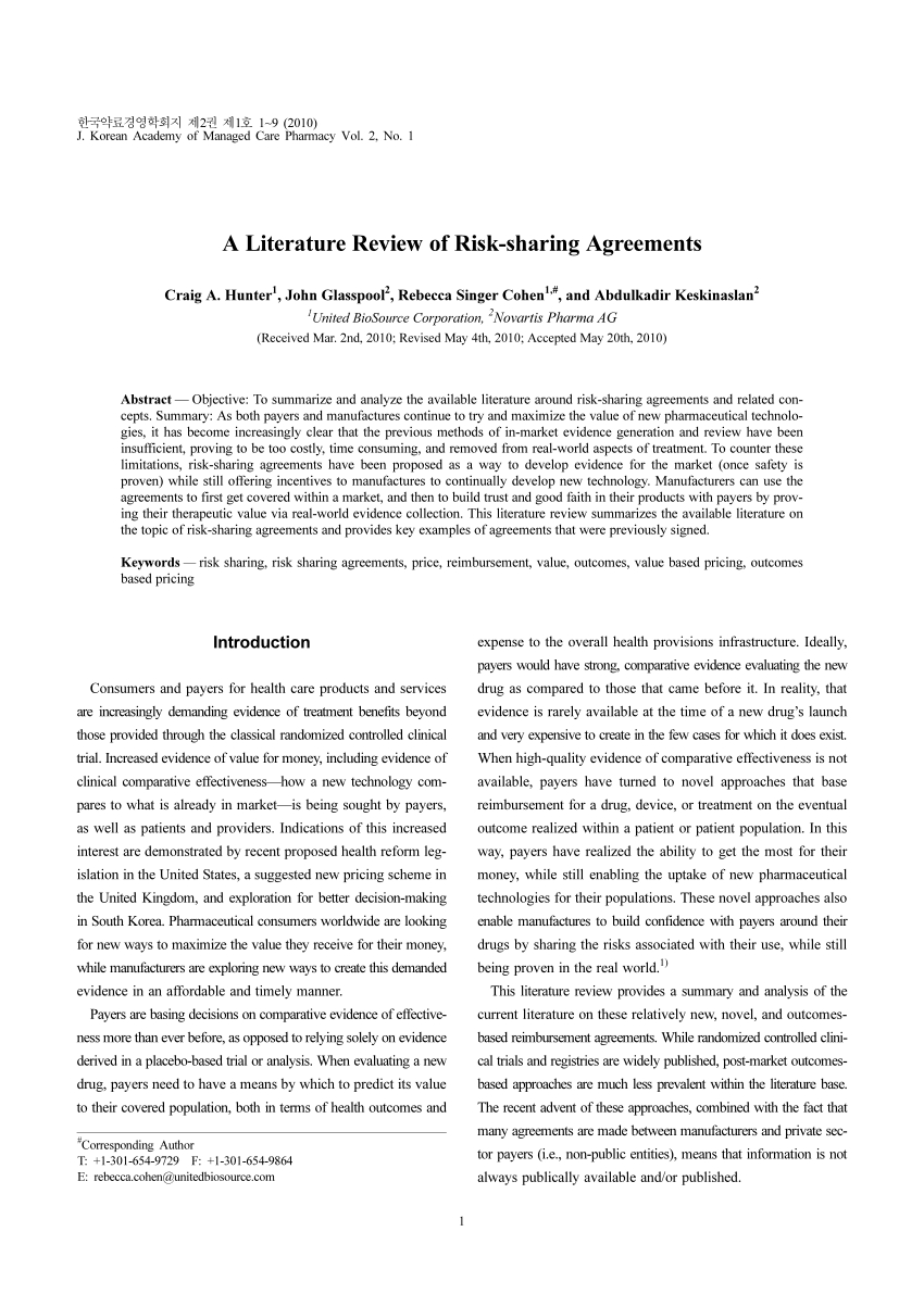 Pdf A Literature Review Of Risksharing Agreements regarding Risk Sharing Agreement Template