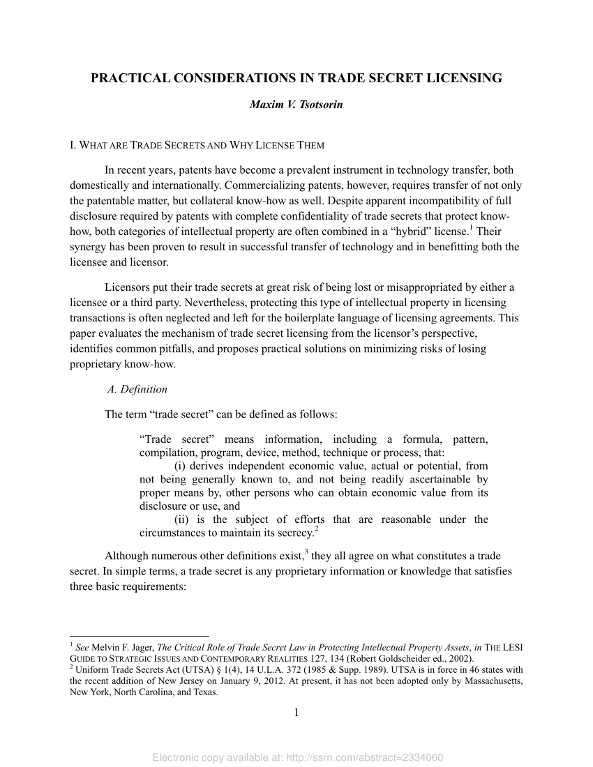 Pdf Practical Considerations In Trade Secret Licensing with regard to Trade Secret License Agreement Template
