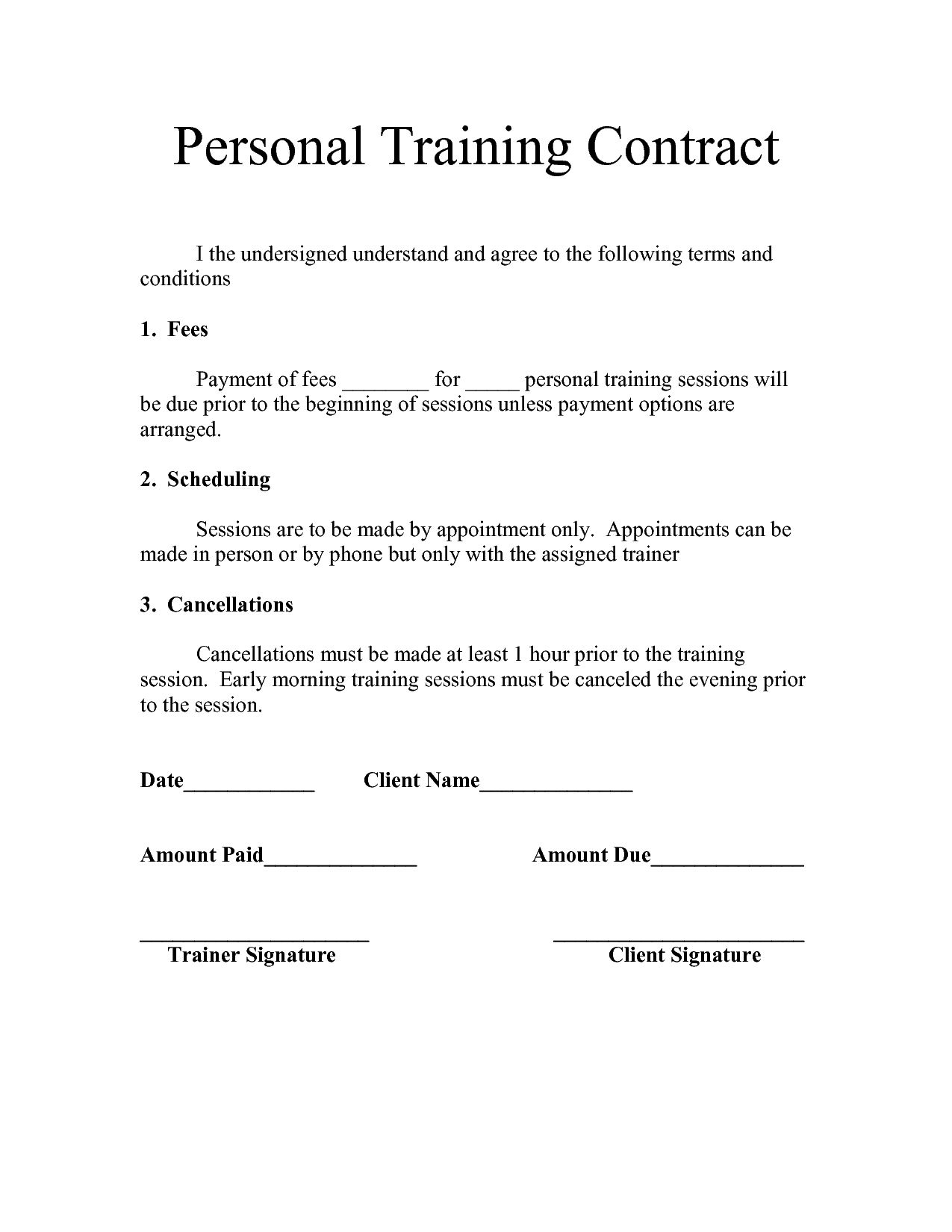 Personal Training Contract Templates  Five  Fitness  Personal throughout Personal Training Cancellation Policy Template