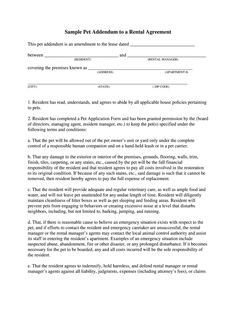 Pet Addendum To Lease  Fill Online Printable Fillable Blank inside Pet Addendum To Lease Agreement Template