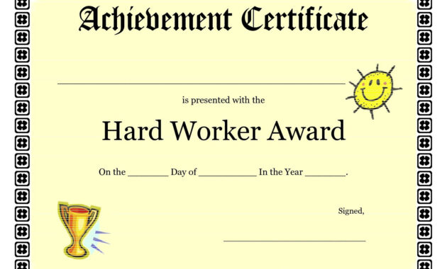 Printable Achievement Certificates Kids  Hard Worker Achievement inside Certificate Of Accomplishment Template Free