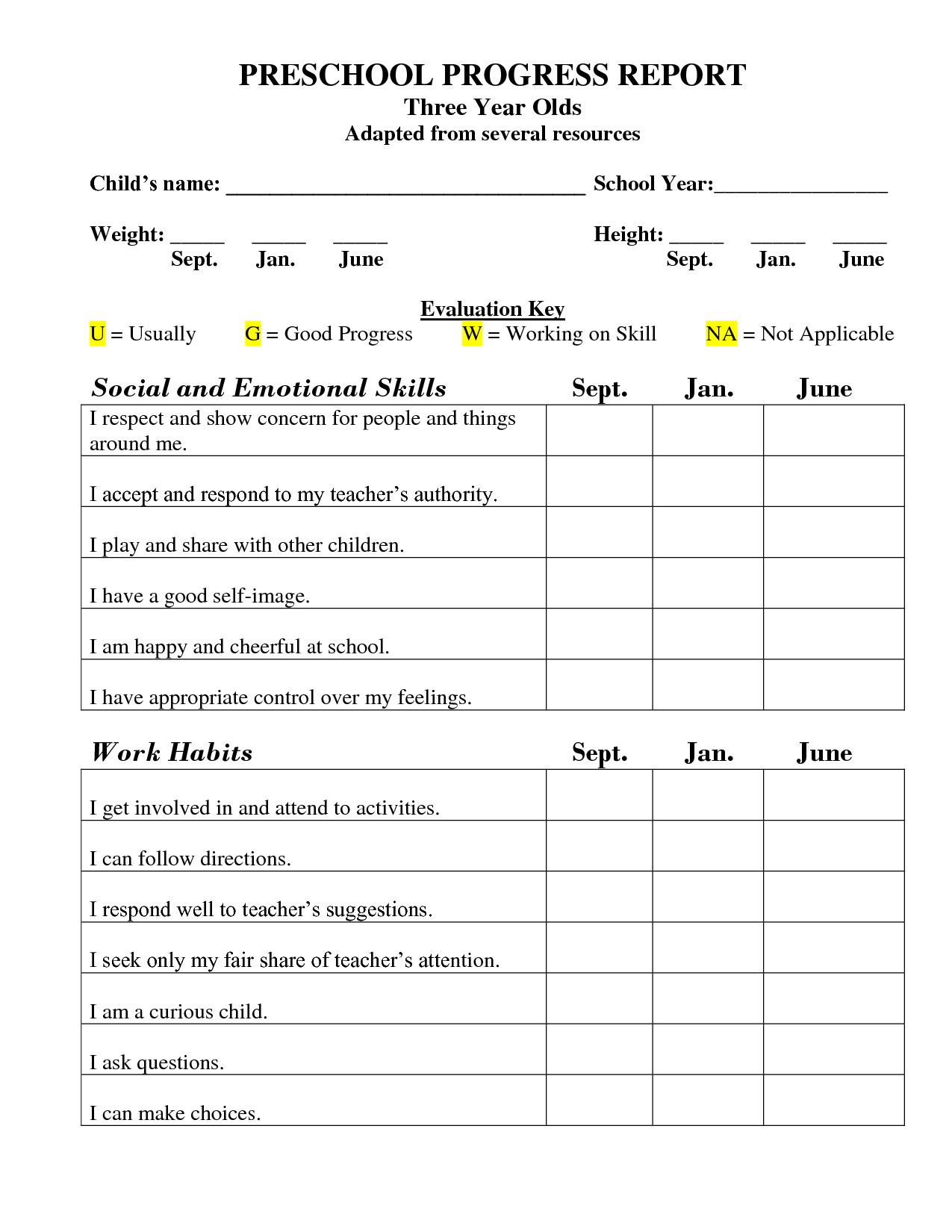 Printable Preschool Progress Report Template  Kg  Preschool with regard to Preschool Weekly Report Template