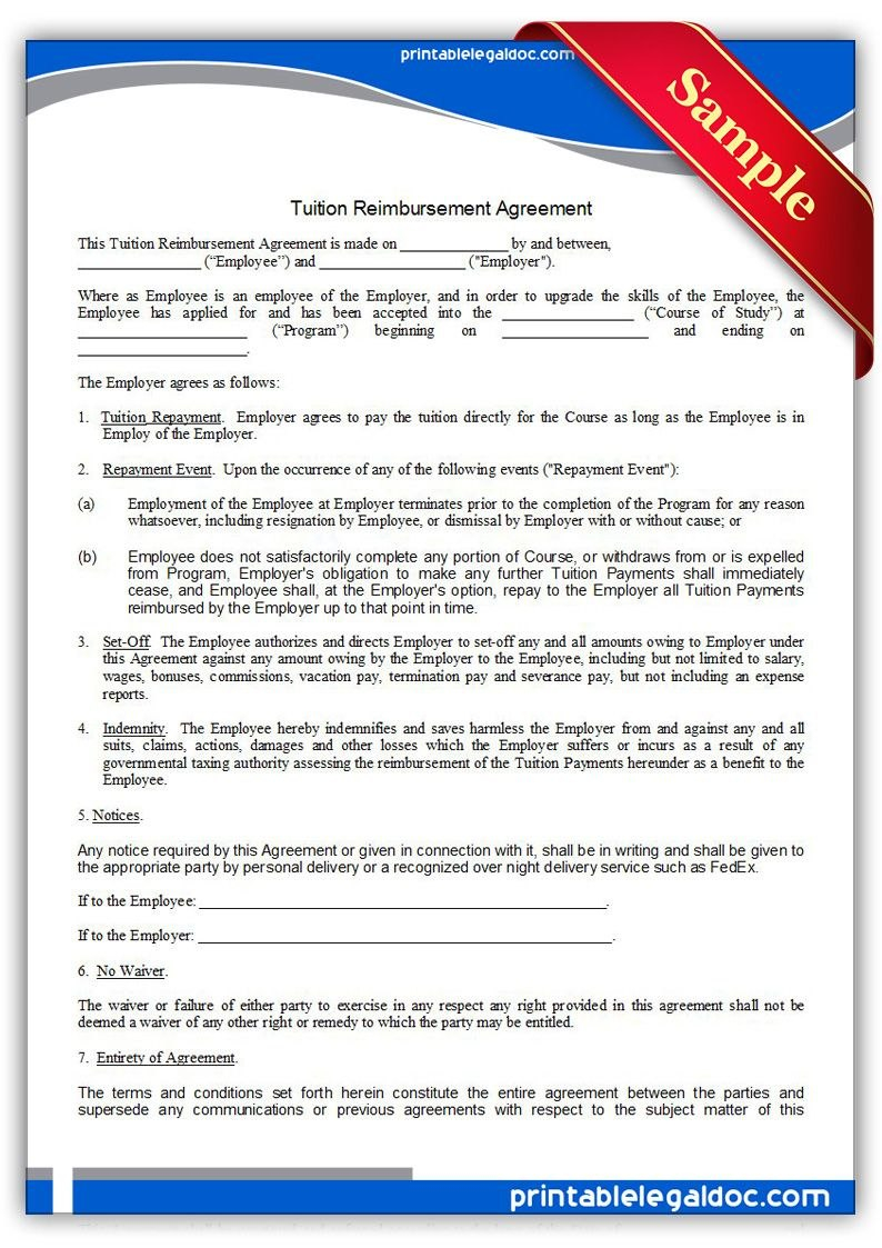 Printable Tuition Reimbursement Agreement Template  Printable Legal for Tuition Agreement Template