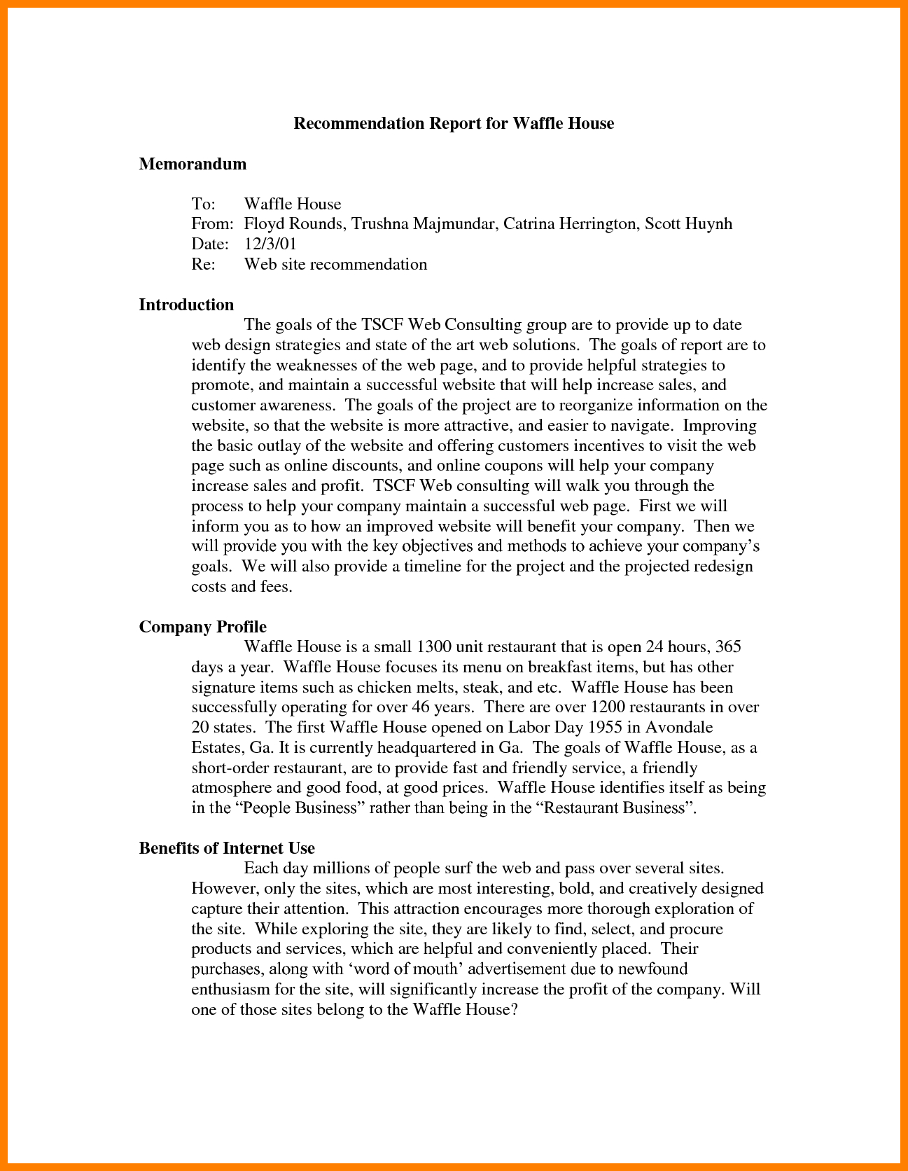 Recommendation Report Example  Letter Adress regarding Recommendation Report Template