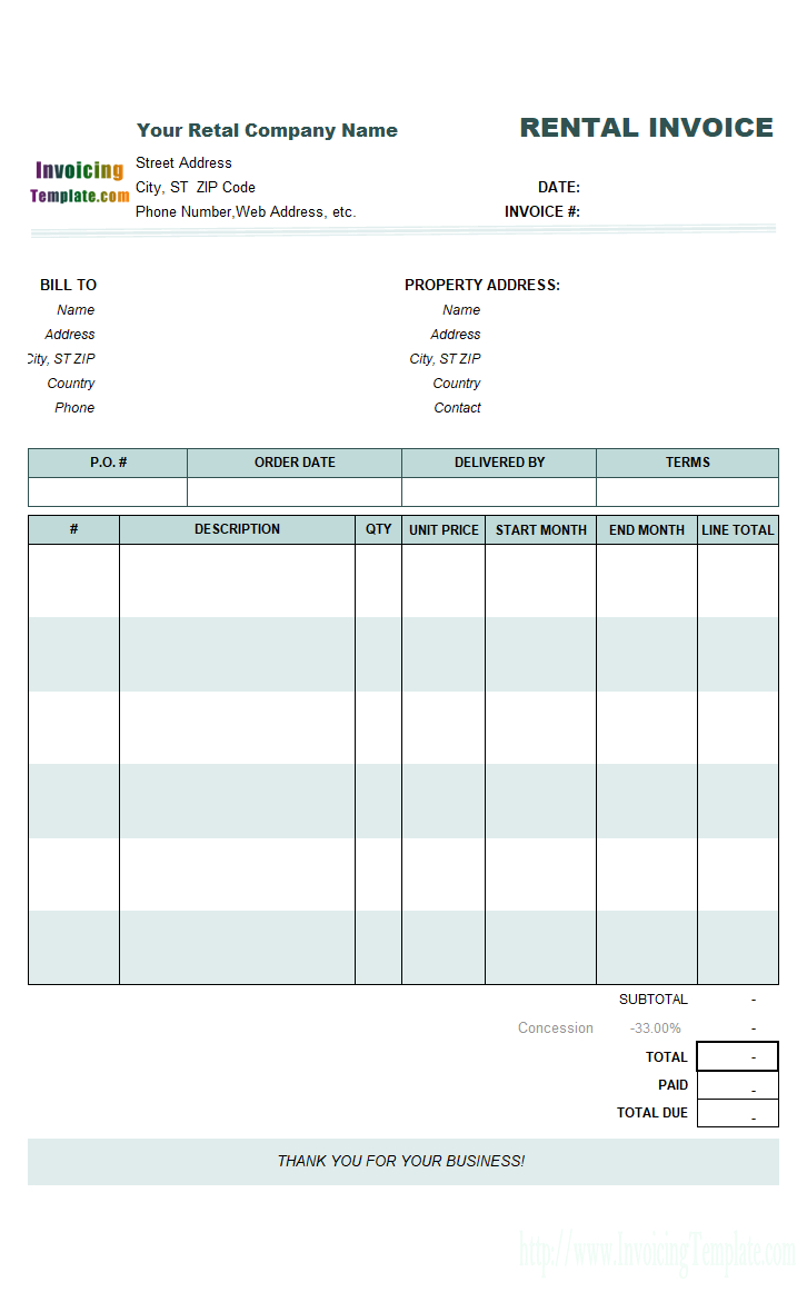 Rental Invoicing Template intended for Monthly Rent Invoice Template