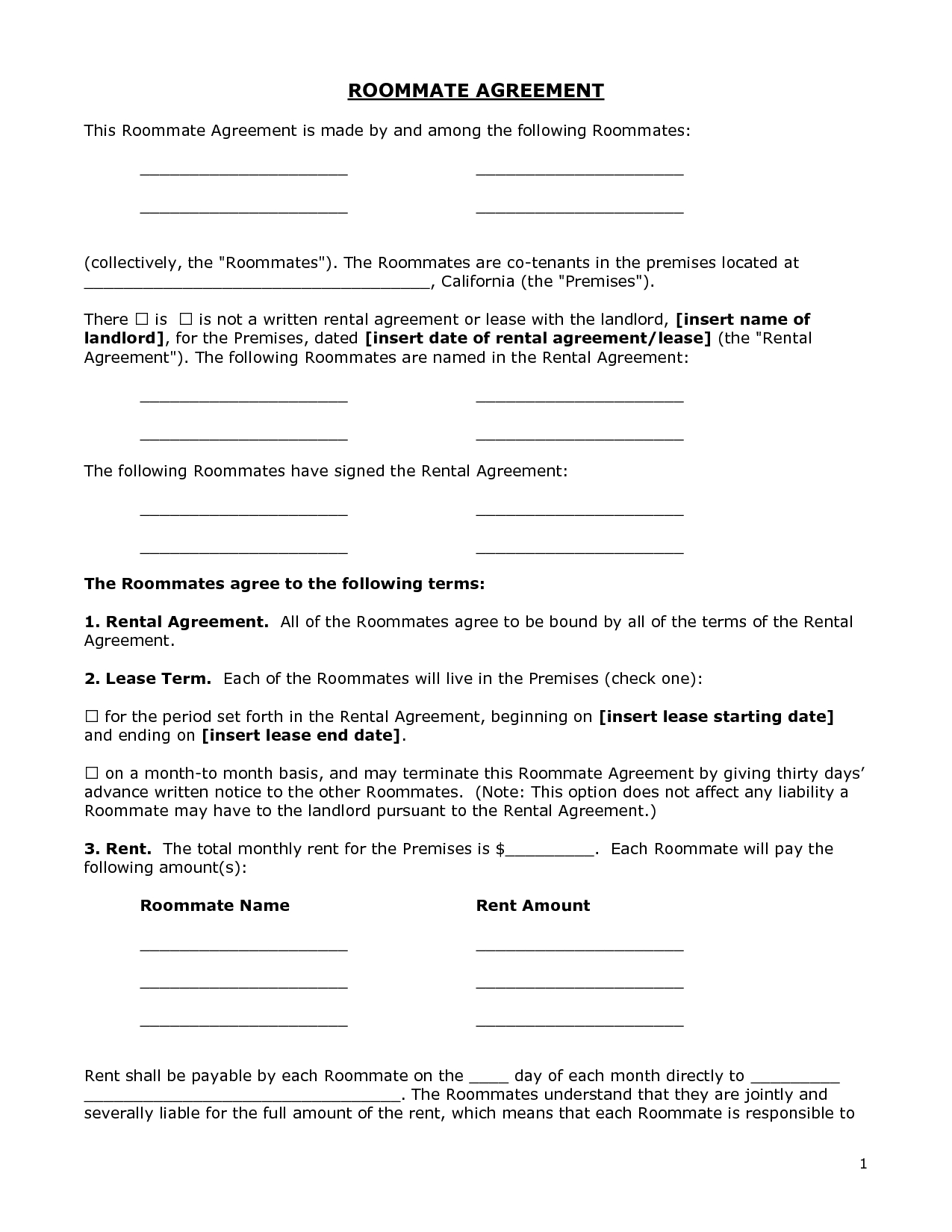 Renters Agreement Form  Docbgf  Roommate Agreement regarding Free Roommate Rental Agreement Template