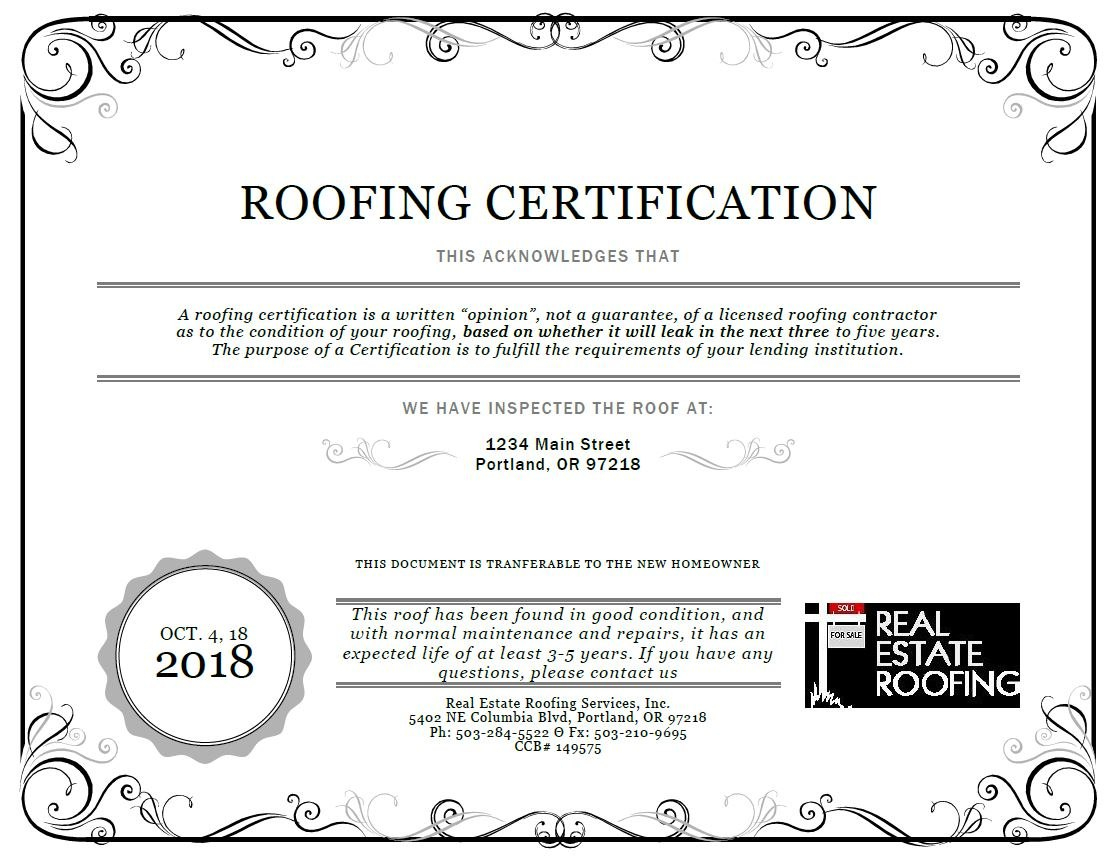 Roof Certification Sample  Real Estate Roofing regarding Roof Certification Template
