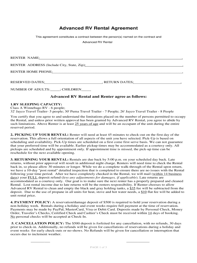 Rv Basic Rental Agreement  Fill Online Printable Fillable Blank inside Rv Rental Agreement Template