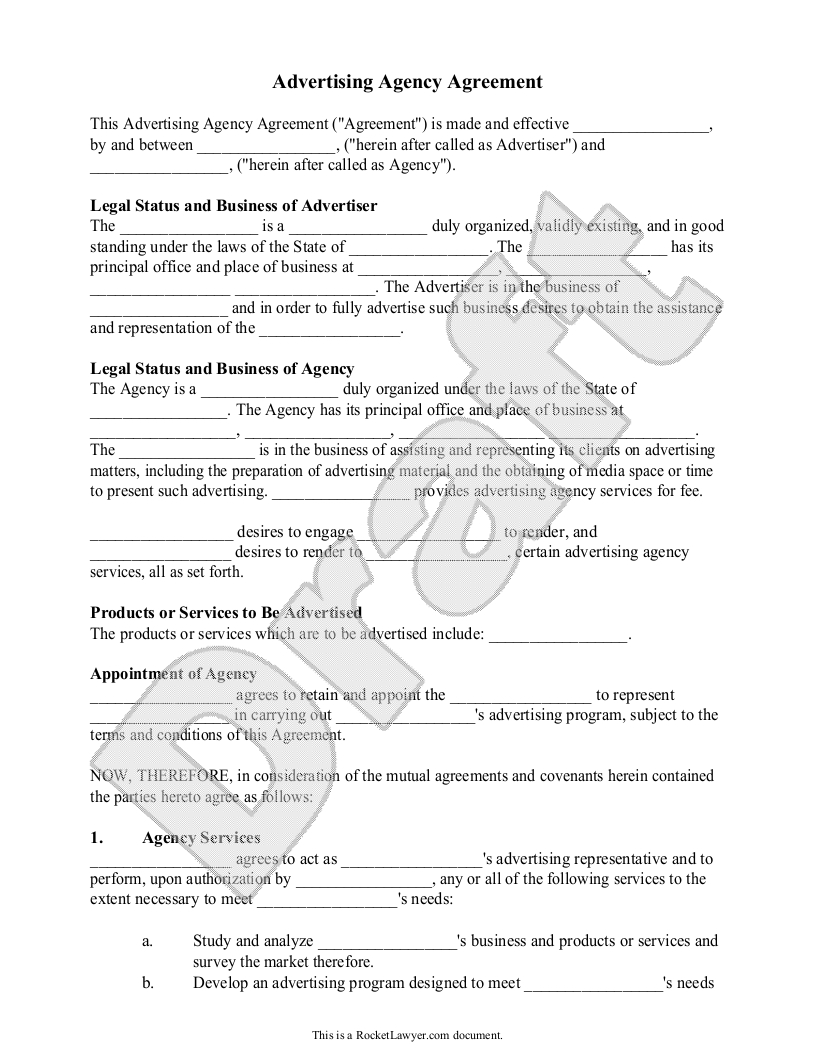 Sample Advertising Agency Agreement Form Template  Advertising for Free Advertising Agency Agreement Template