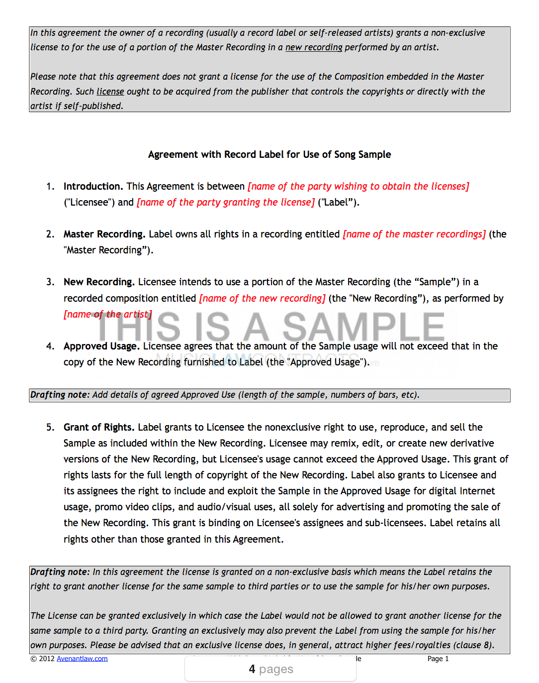 Sample Clearance Contract Templates X in Record Label Contract Template