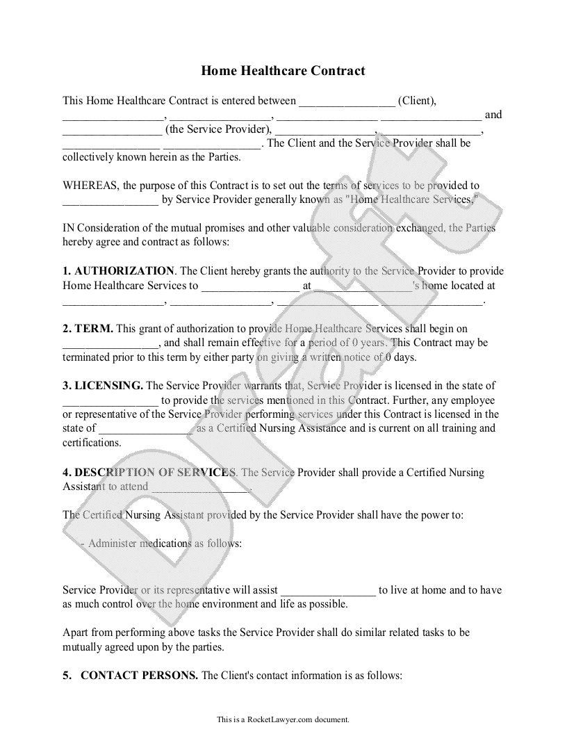Sample Home Health Care Contract Form Template  Forms  Home Health intended for Home Care Service Agreement Template