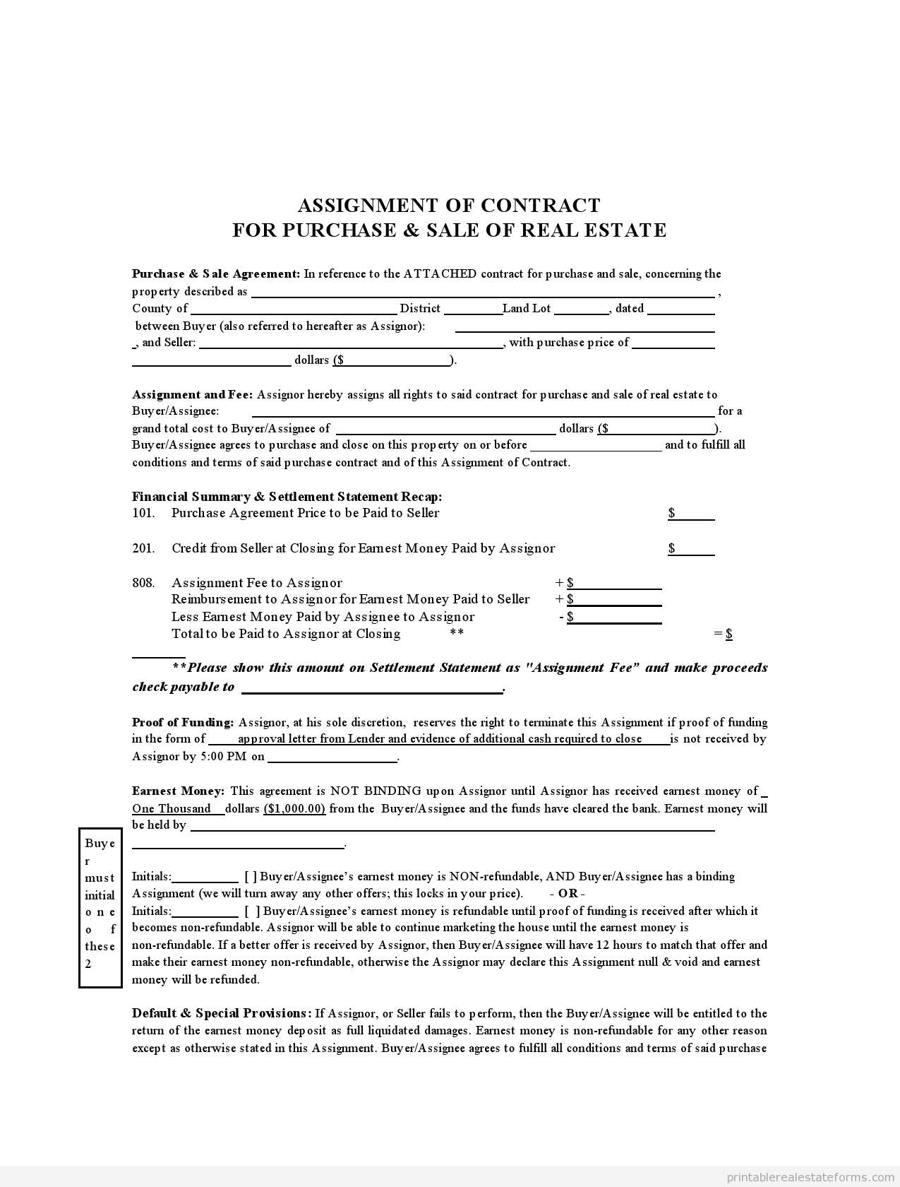 Sample Printable Assignment Of Contract Form  Sample Real Estate in Contract Assignment Agreement Template