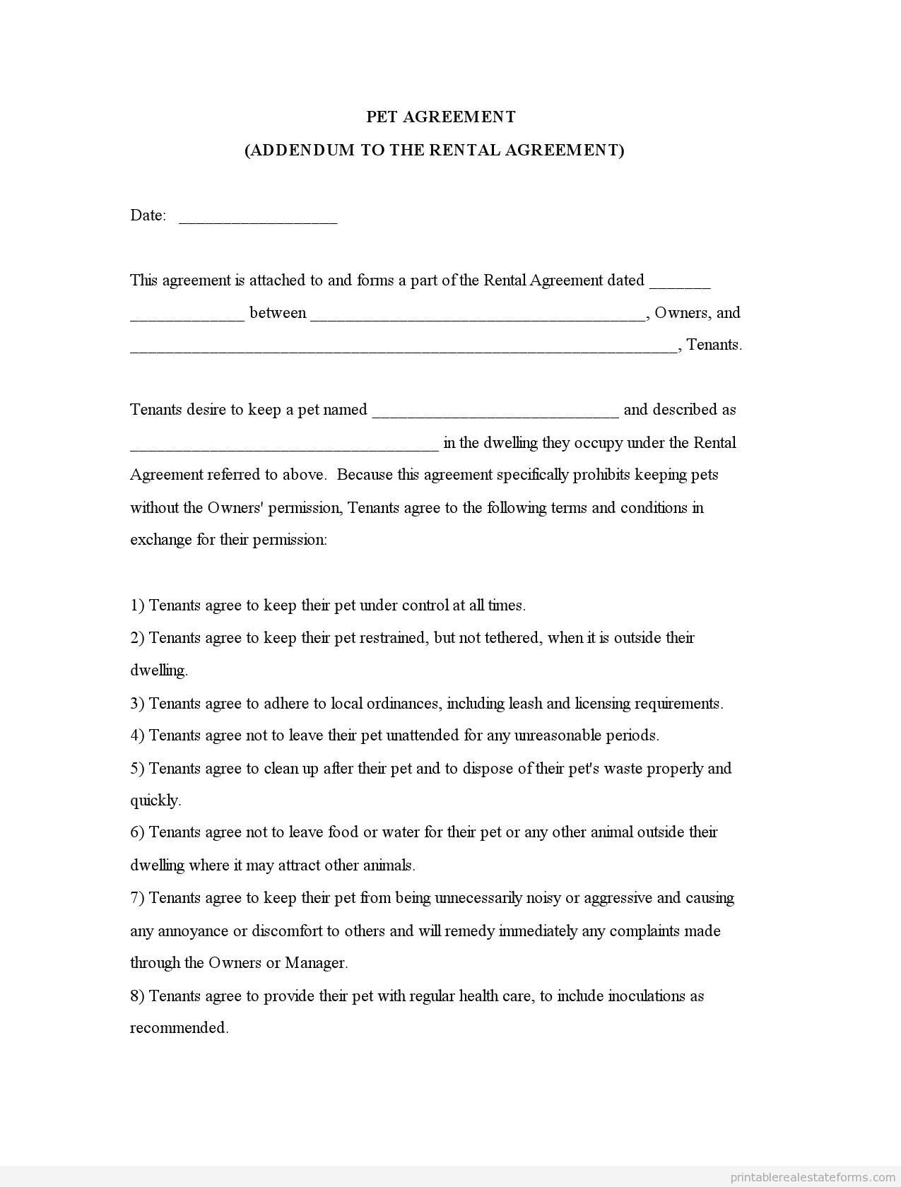 Sample Printable Pet Agreementm Addendum To The Rental Agreement with regard to Pet Addendum To Lease Agreement Template