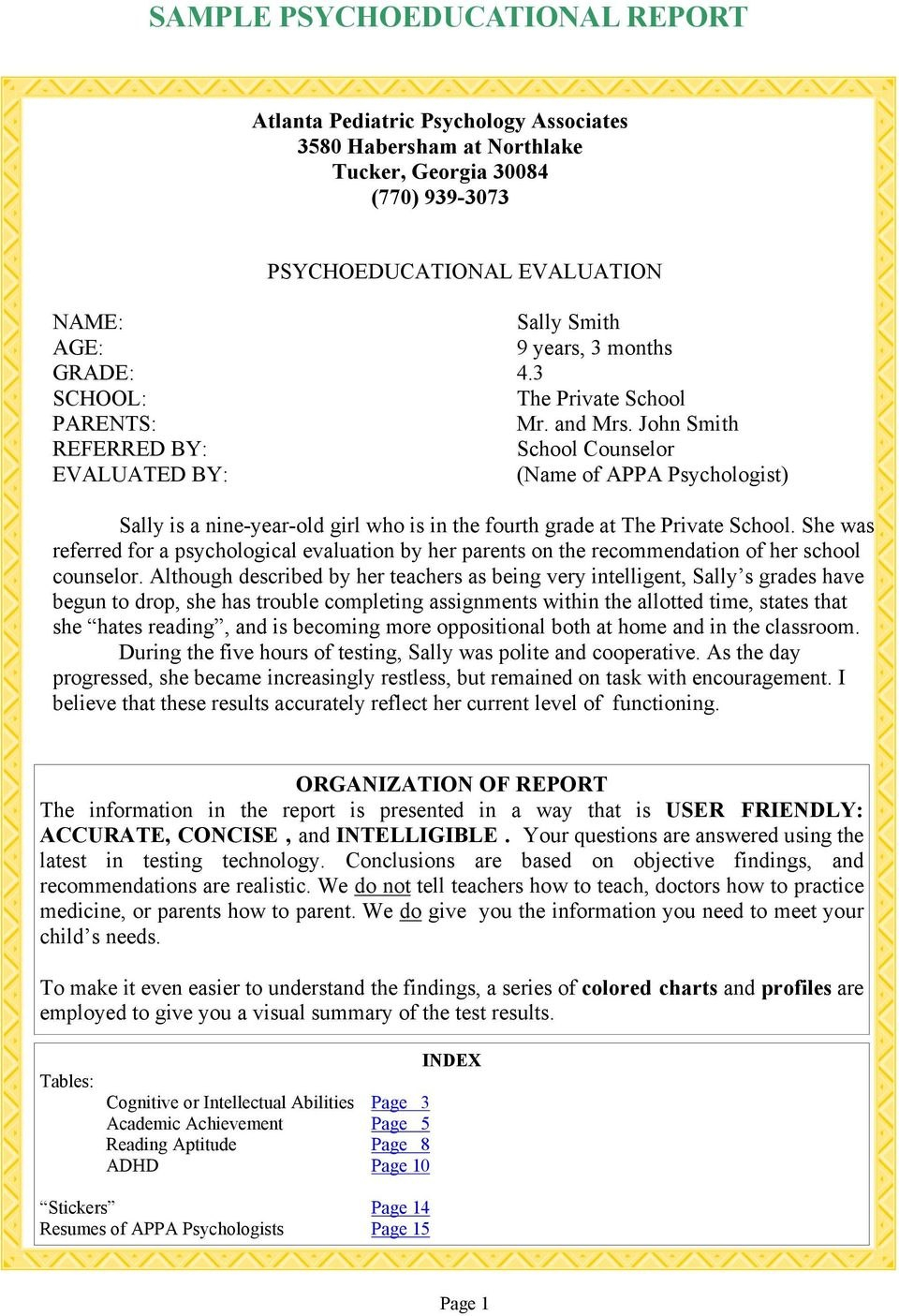 Sample Psychoeducational Report  Pdf with Psychoeducational Report Template