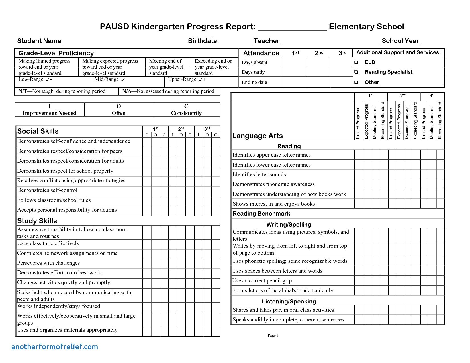 School Progress T Form High Elementary Academic Template inside School Progress Report Template