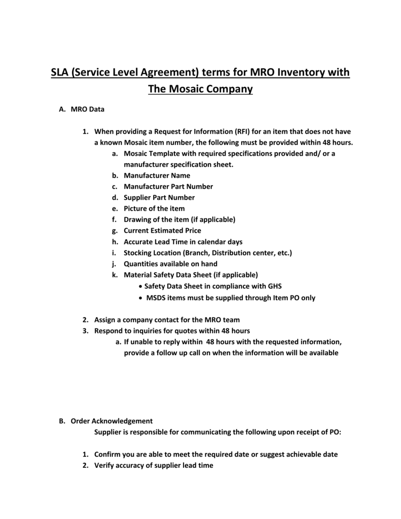 Sla Service Level Agreement Terms For Mro Inventory With The with regard to Supplier Service Level Agreement Template