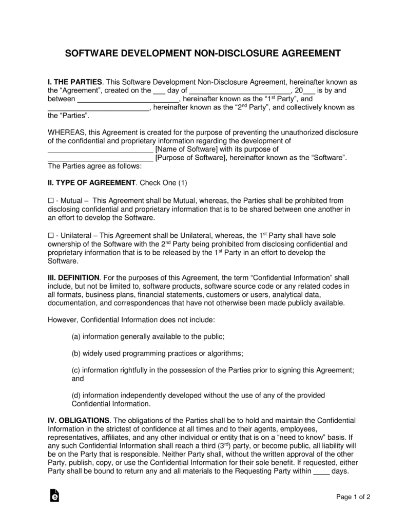 Software Development Nondisclosure Agreement Nda Template with regard to Free Mutual Non Disclosure Agreement Template