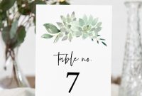 Succulent Table Number Card Template Printable Greenery Wedding regarding Table Number Cards Template