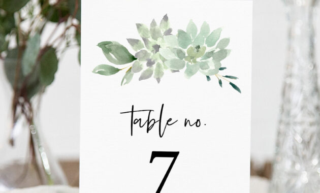 Succulent Table Number Card Template Printable Greenery Wedding regarding Table Number Cards Template