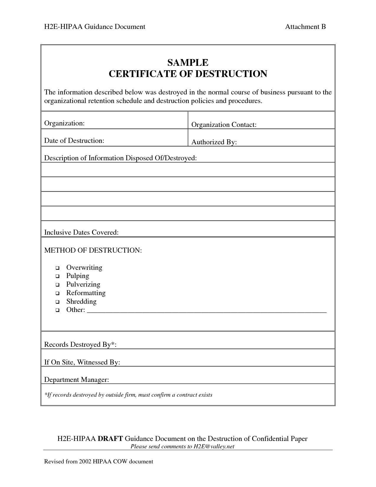 Template Ideas Certificate Of Destruction Frightening Product inside Certificate Of Disposal Template