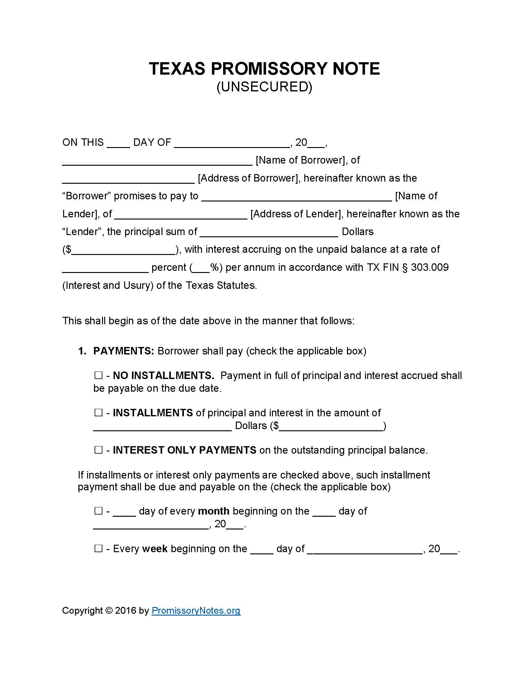 Texas Unsecured Promissory Note Template  Promissory Notes for Free Installment Promissory Note Template