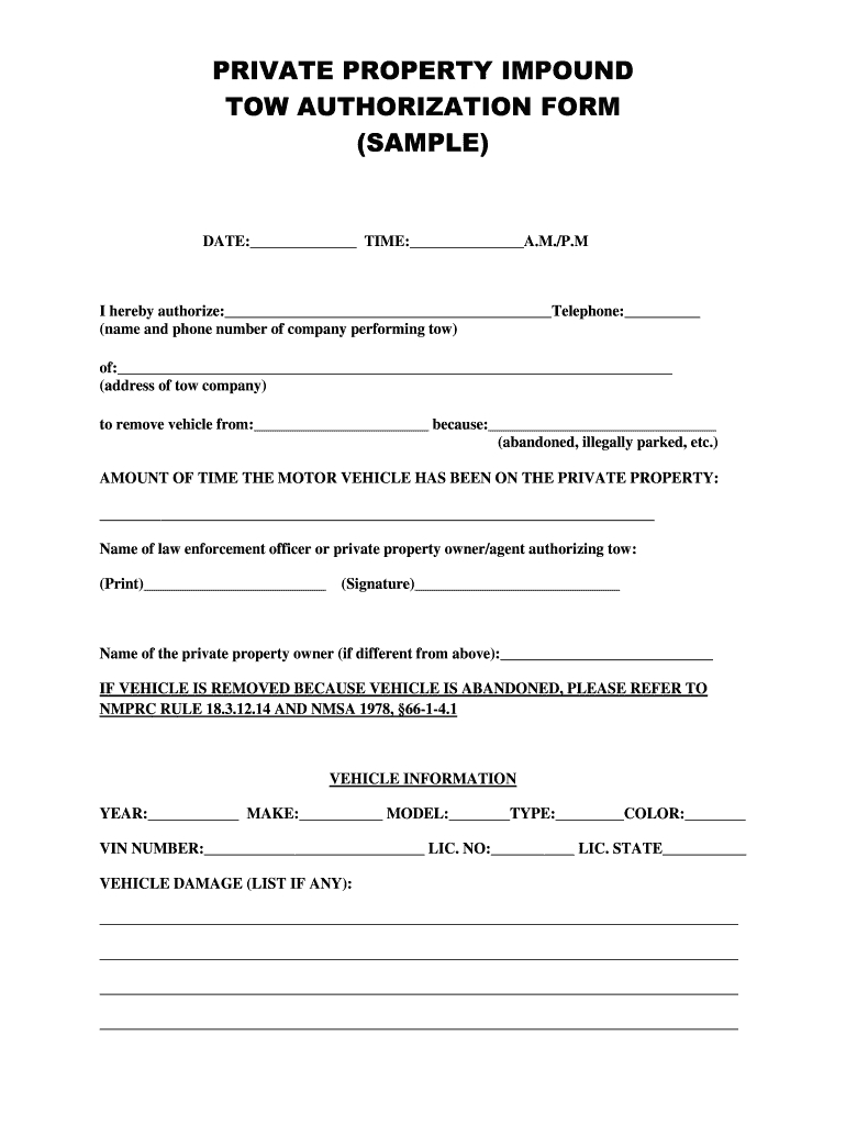 Tow Authorization Form  Fill Online Printable Fillable Blank for Towing Service Agreement Template