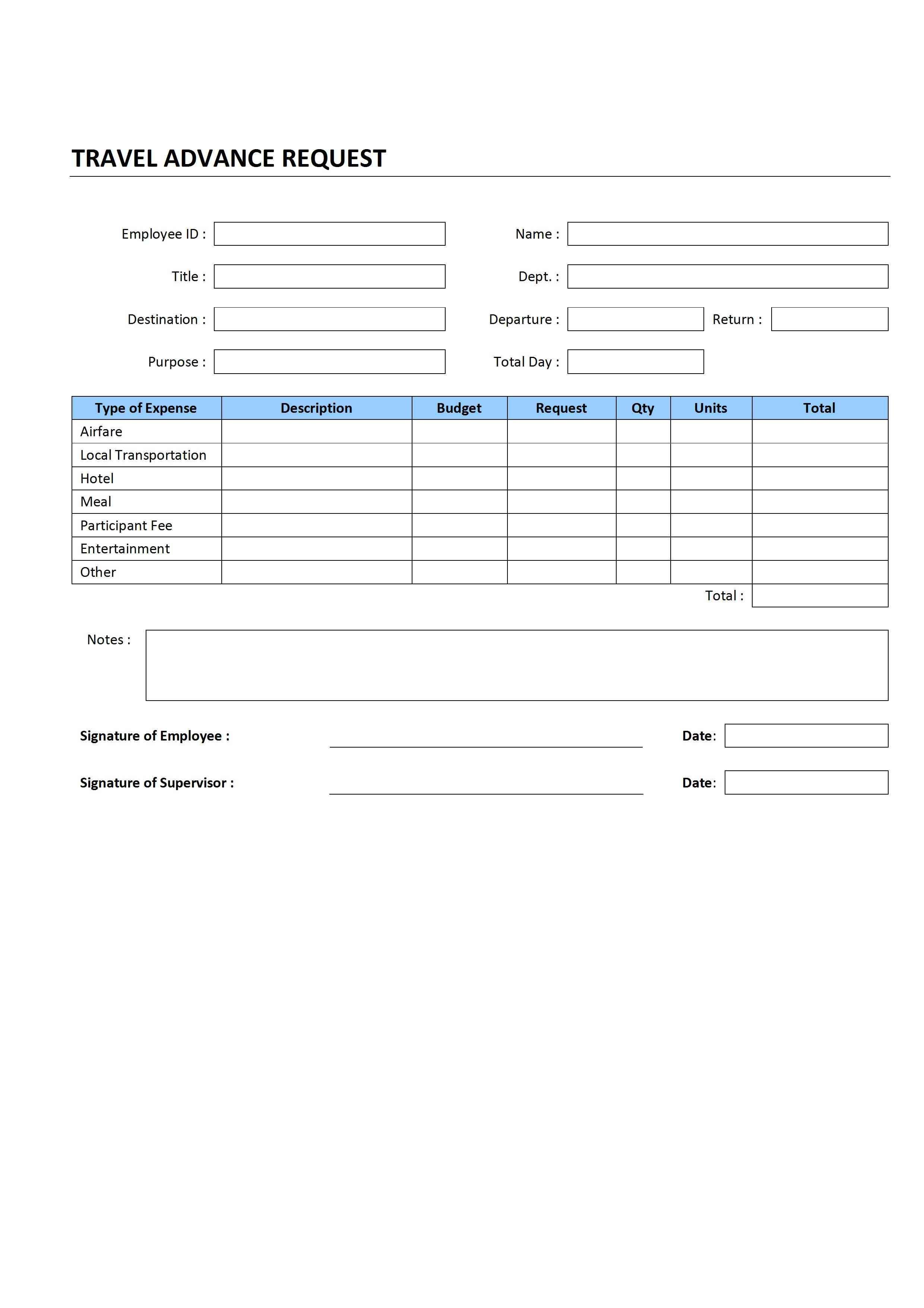 Travel Advance Request with Travel Request Form Template Word