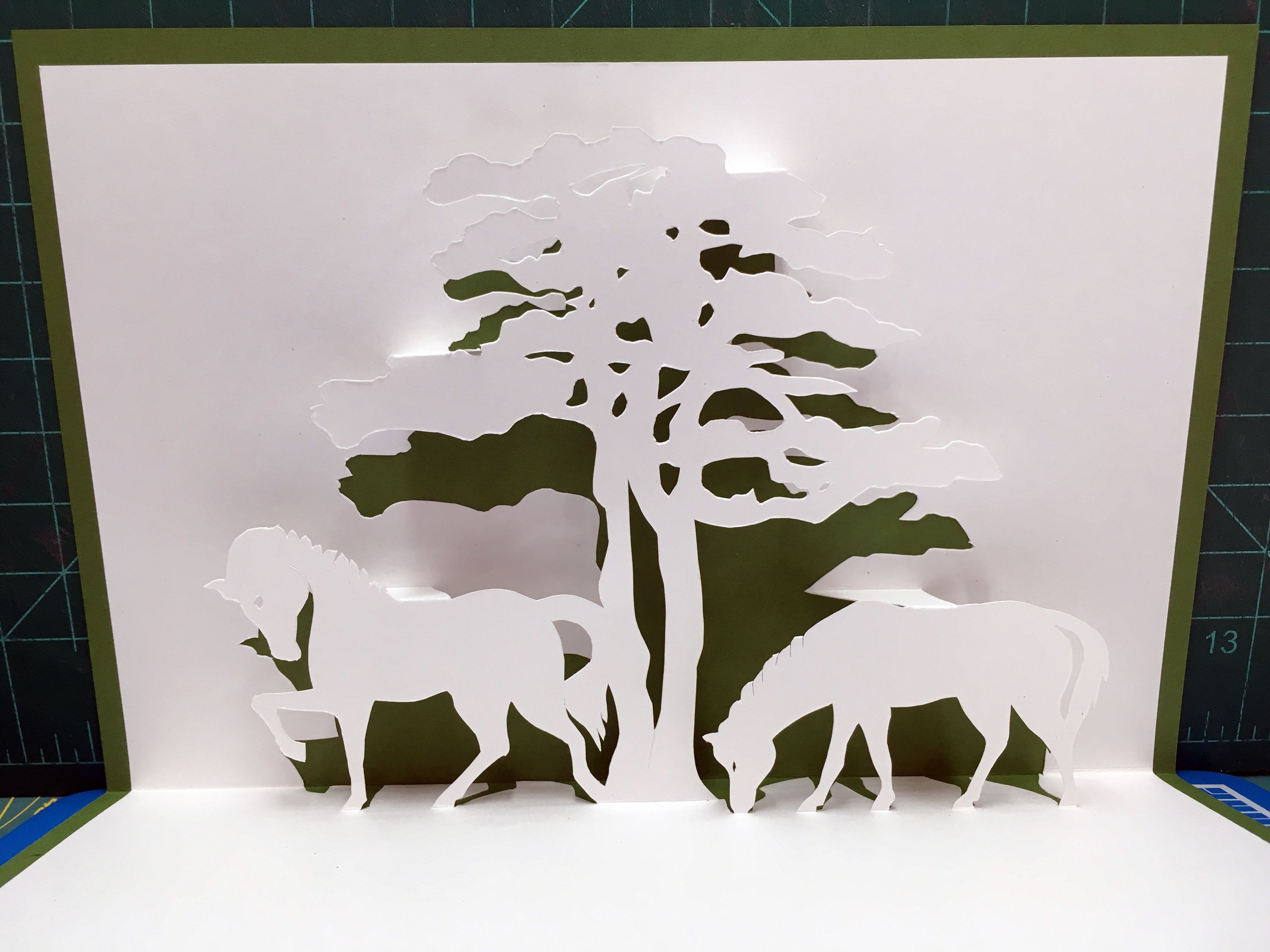 Two Horses With Tree Popup Card Template From Cahier De Kirigami for Pop Up Tree Card Template