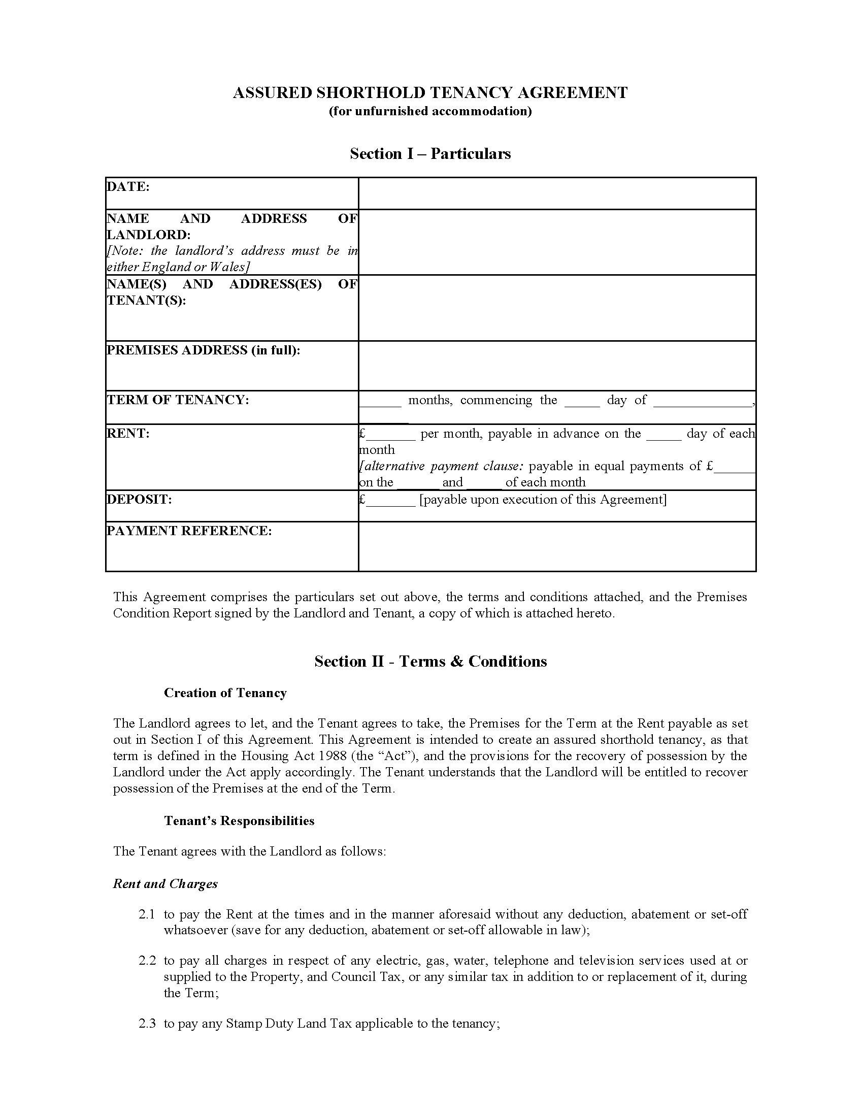 Uk Assured Shorthold Tenancy Agreement Unfurnished  Contract intended for Assured Short Term Tenancy Agreement Template