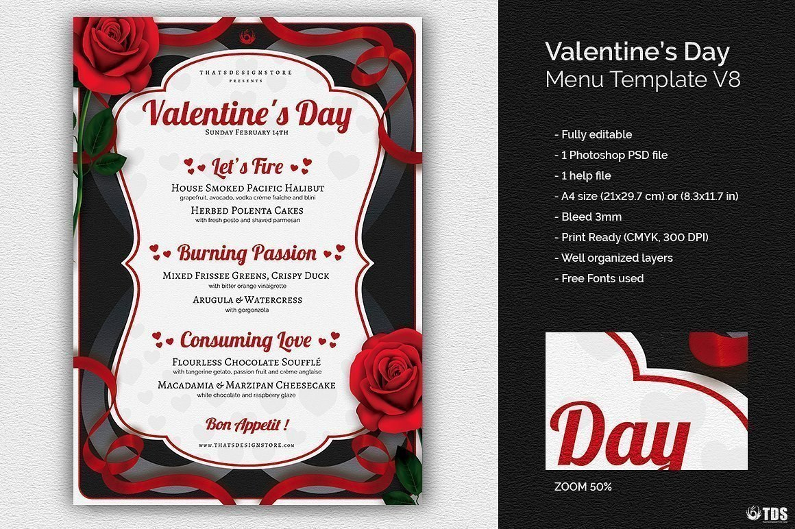 Valentine's Day Menu Template Psd Design For Photoshop with regard to Valentine Menu Templates Free
