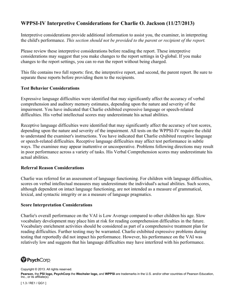 Wppsiiv Interpretive Report Sample intended for Wppsi Iv Report Template
