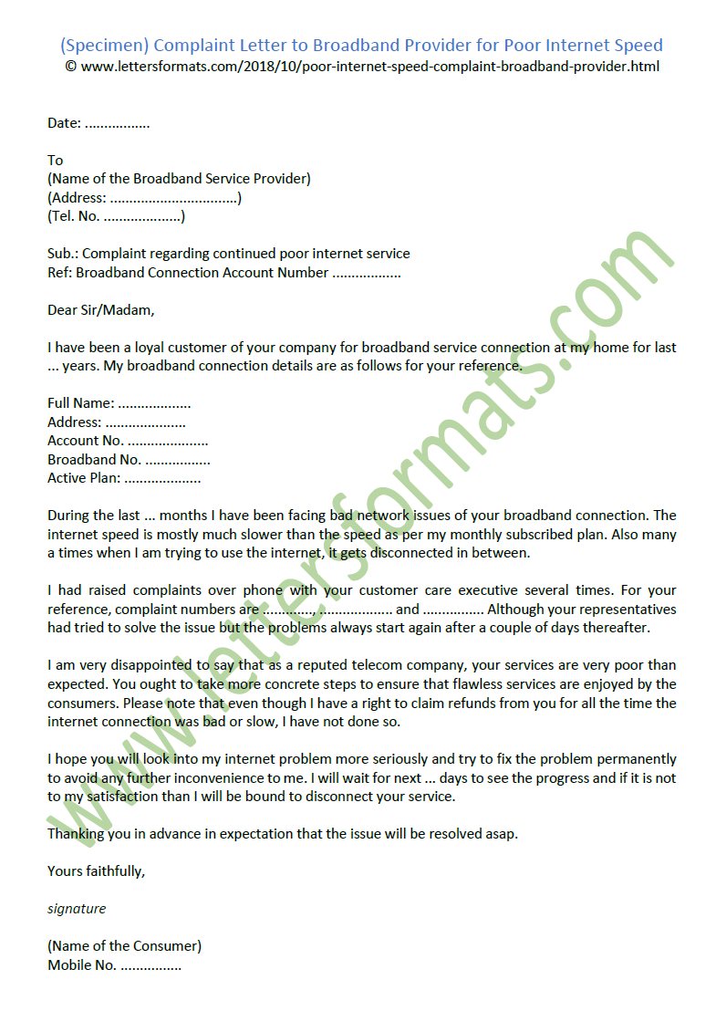Complaint Letter To Broadband Provider For Poor Internet Speed Sample regarding Request Letter For Internet Connection Template