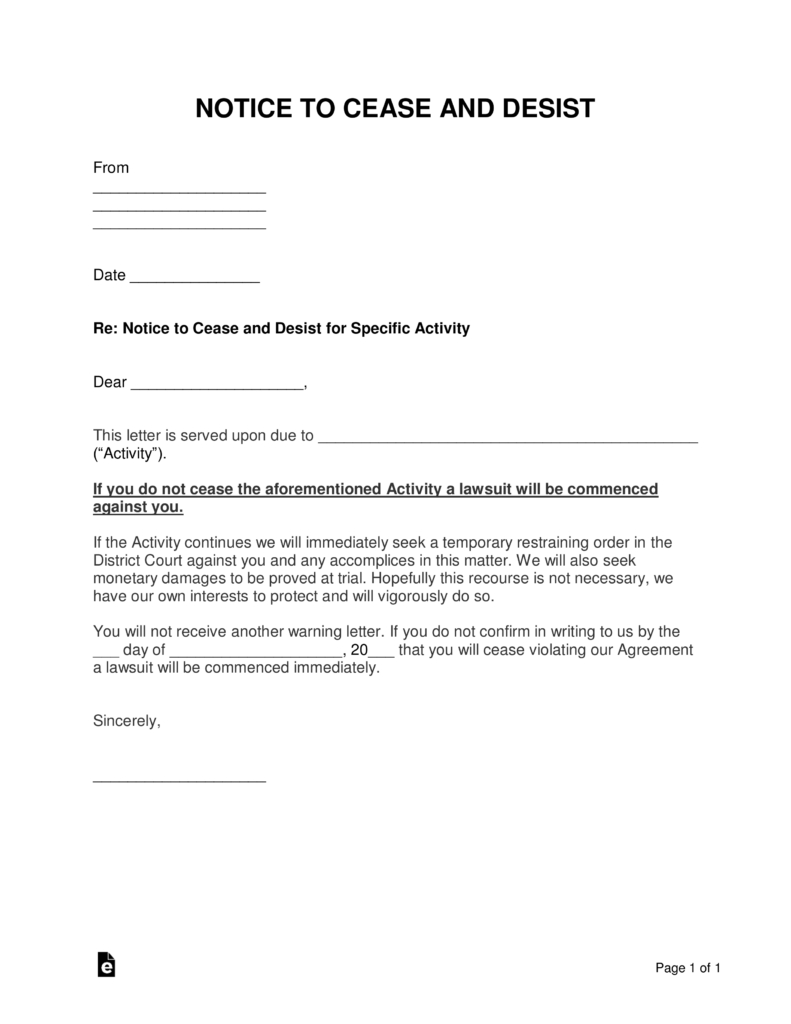 Free Cease And Desist Letter Templates  With Sample  Word  Pdf throughout Cease And Desist Letter Template Defamation