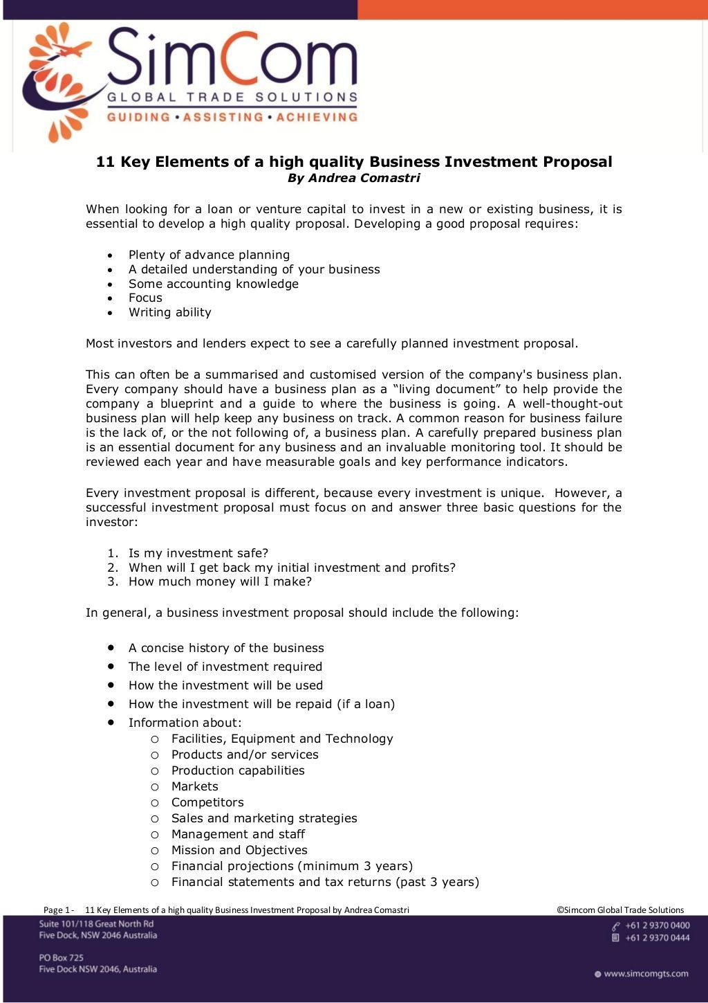 Key Elements Of A High Quality Business Investment Proposal with Investment Proposal Template