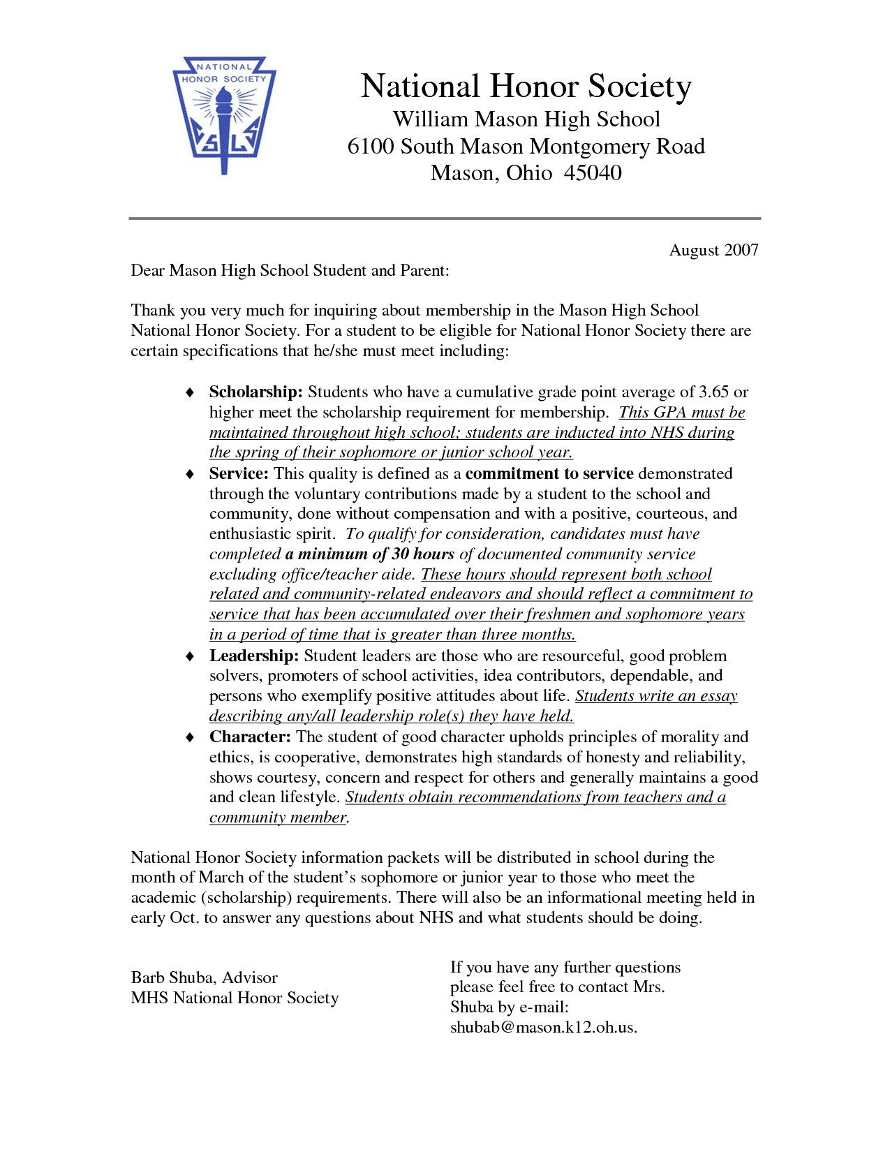 National Junior Honor Society Letter Of Recommendation Template for National Junior Honor Society Letter Of Recommendation Template