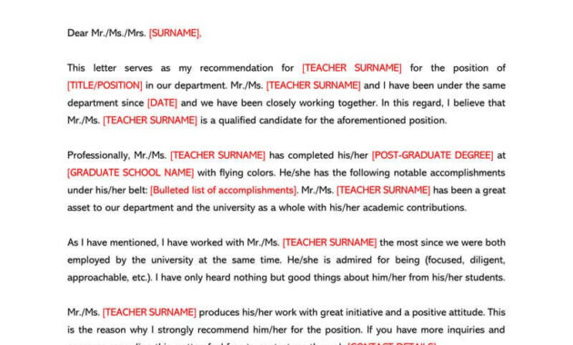 Recommendation Letter For A Teacher  Sample Letters  Templates with regard to Letter Of Reccomendation Template