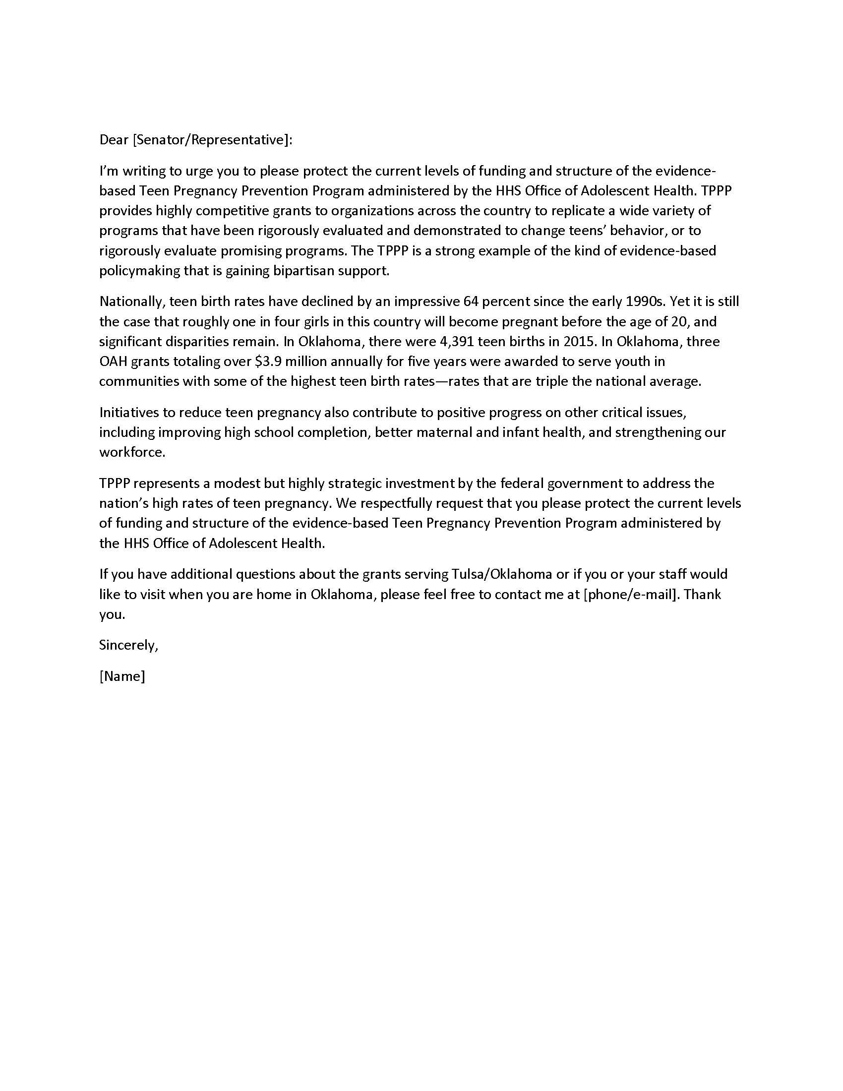 Sample Advocacy Letter  Prevent Teen Pregnancy with Advocacy Letter Template