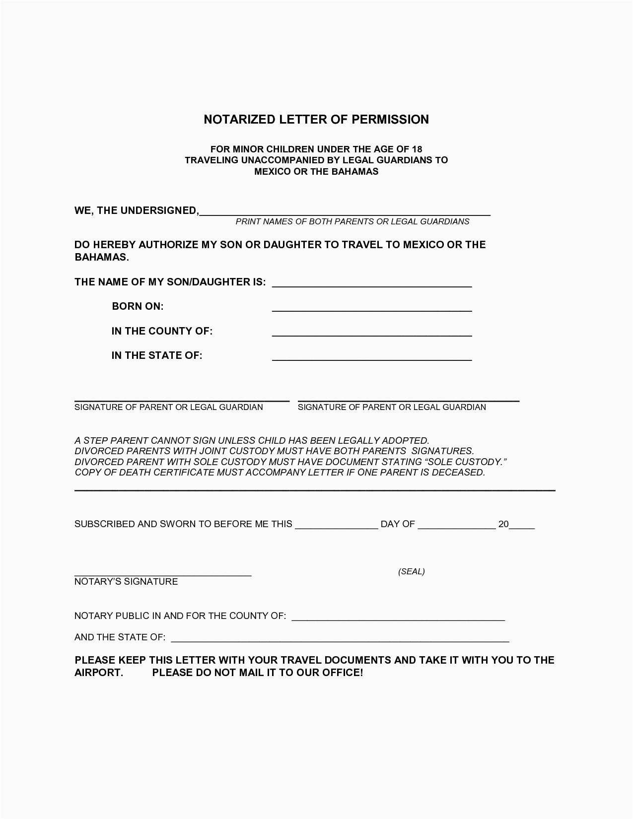 Sample Notarized Letter For Travel With Child  Myvacationplan within Notarized Letter Template For Child Travel