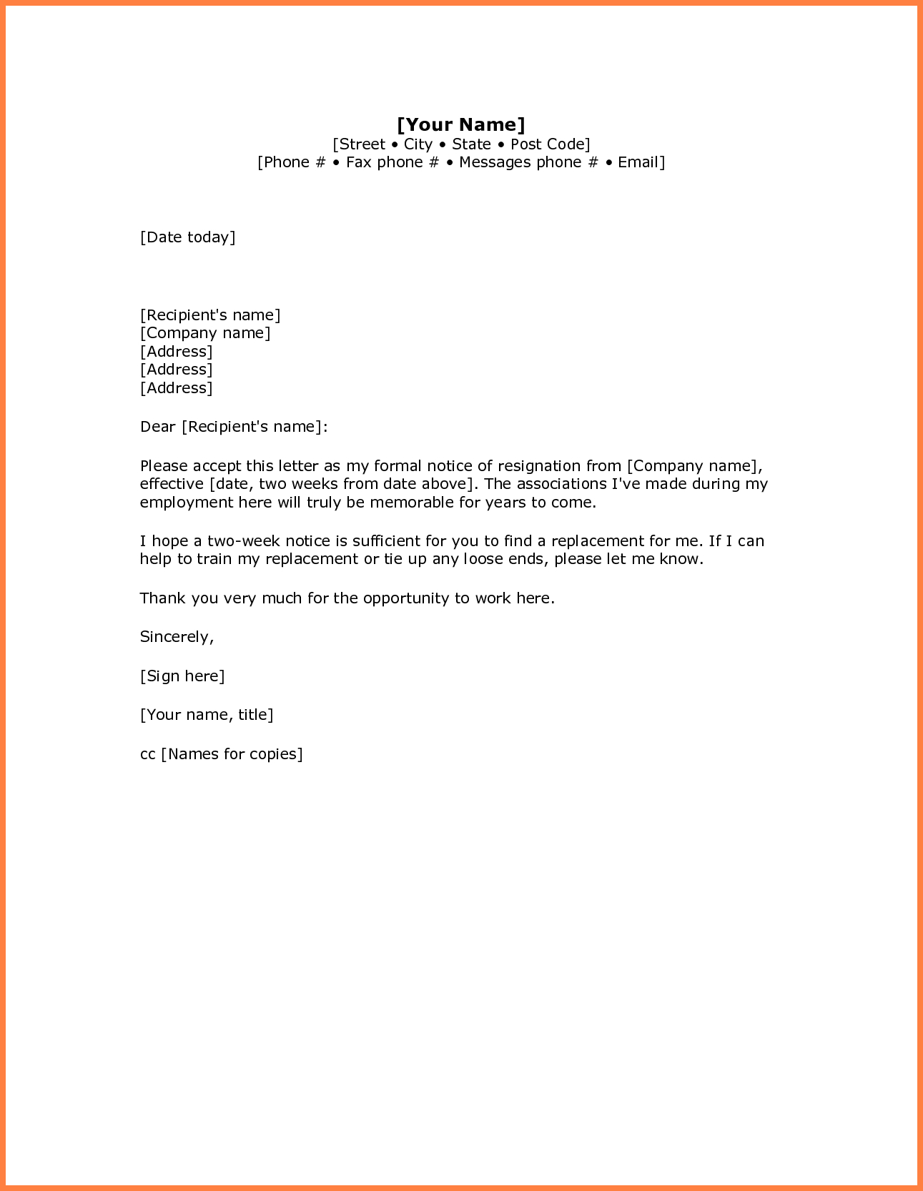 Simple Resignation Letter Sample  Week Notice  Notice Letter throughout Resignation Letter Template Pdf