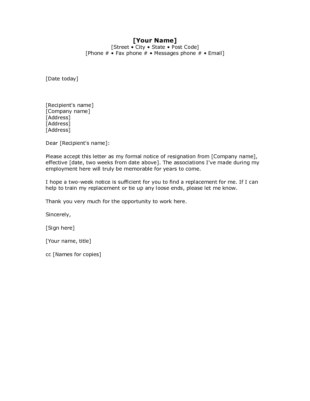 Standard Resignation Letter Template Word Examples  Letter Cover within Standard Resignation Letter Template
