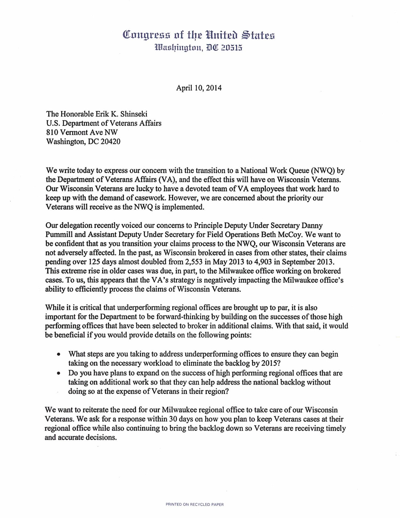 Wisconsin Congressional Delegation Letter To Va  Congressman Sean Duffy pertaining to Letter To Congressman Template