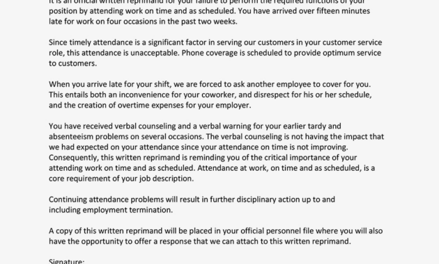 Written Reprimand Sample For Employee Attendance within Letter Of Reprimand Template